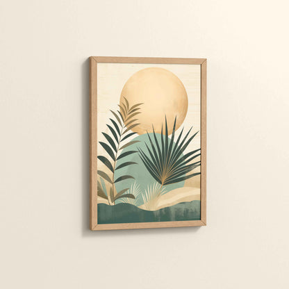 Side View of Abstract Tropical Palm Leaves – Boho Framed Wall Art in Natrual Color Frame