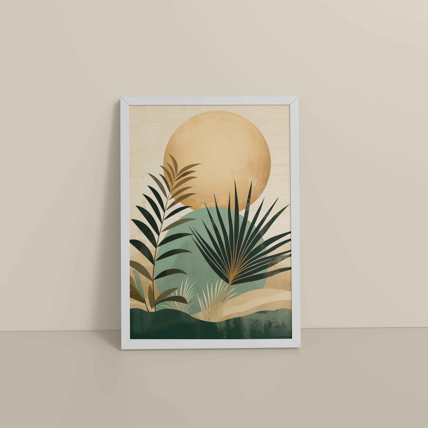 Floor View of Abstract Tropical Palm Leaves – Boho Framed Wall Art in White Color Frame