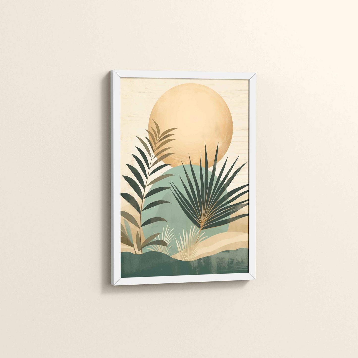 Side View of Abstract Tropical Palm Leaves – Boho Framed Wall Art in White Color Frame