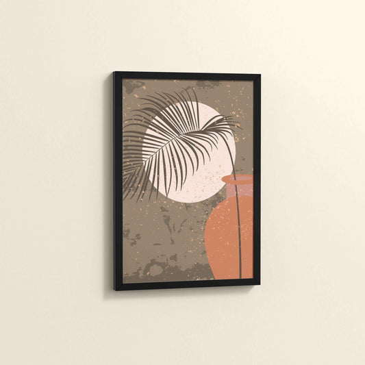 Side View of Peaceful Moon Behind Tropical Leaves – Framed Boho Wall Art in Black Color Frame