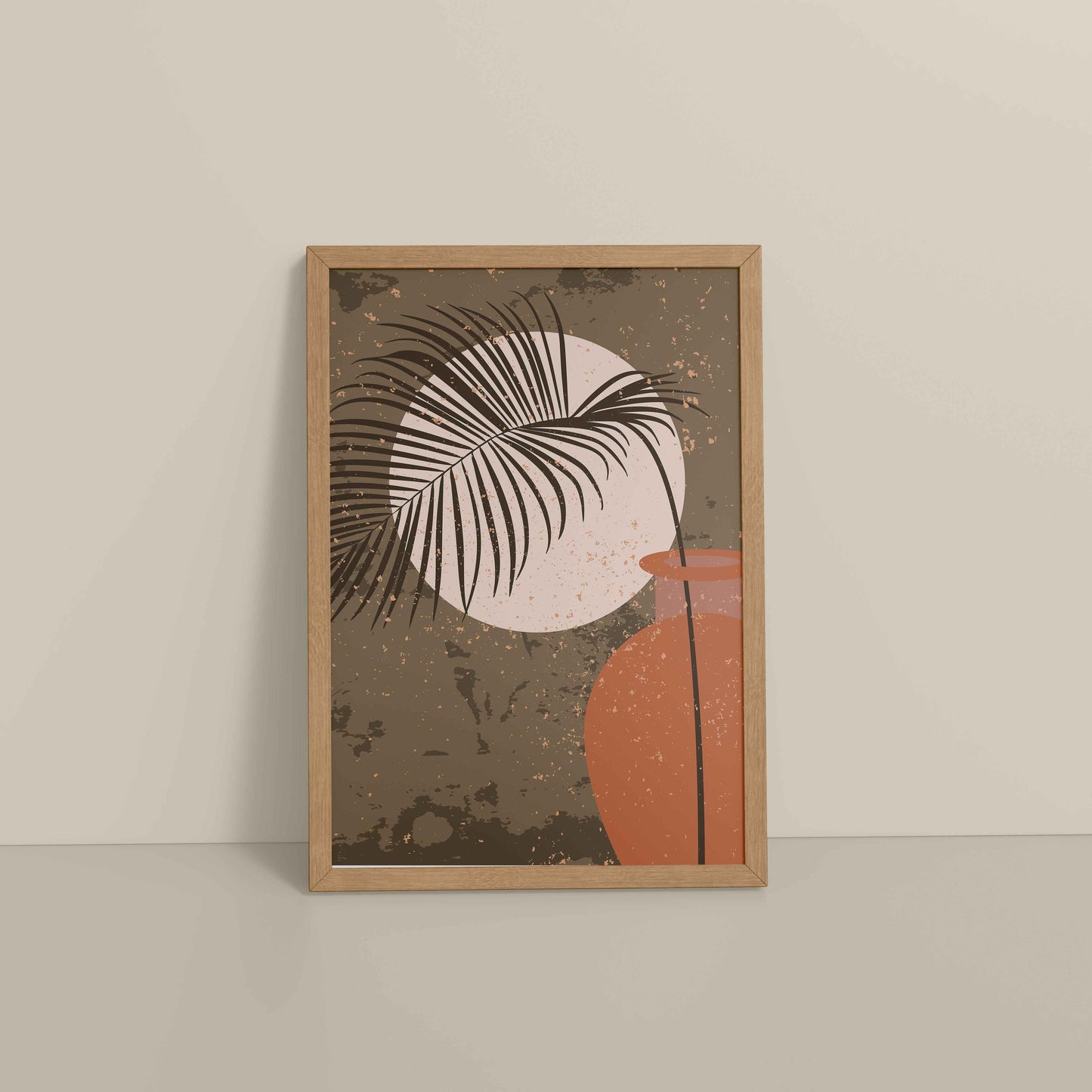 Floor View of Peaceful Moon Behind Tropical Leaves – Framed Boho Wall Art in Natrual Color Frame