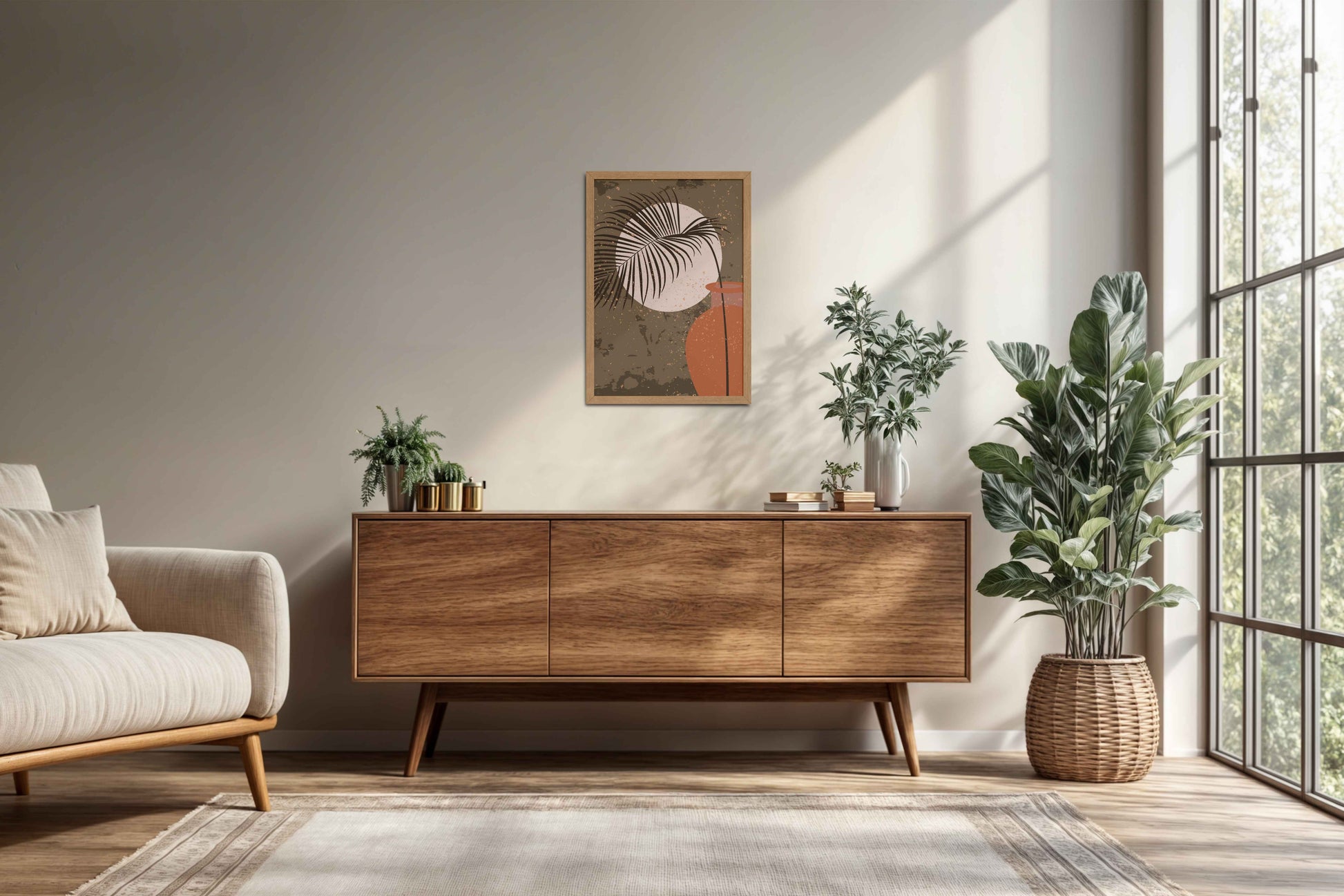 Living Room Cabinet Preview of Peaceful Moon Behind Tropical Leaves – Framed Boho Wall Art in Natrual Color Frame