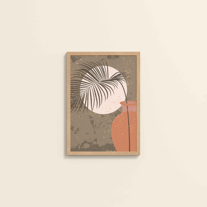 Wall View of Peaceful Moon Behind Tropical Leaves – Framed Boho Wall Art in Natrual Color Frame