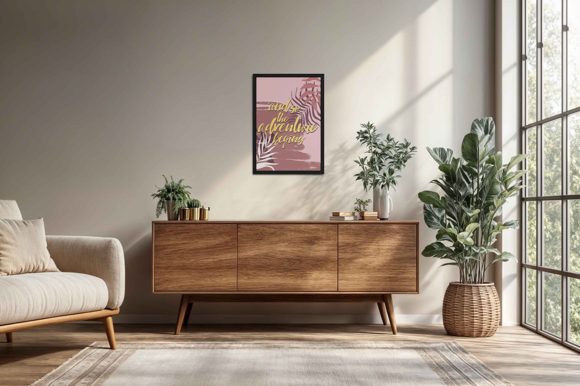 Living Room Cabinet Preview of Adventure Begins – Boho Botanical Wall Art & Decor in Black Color Frame