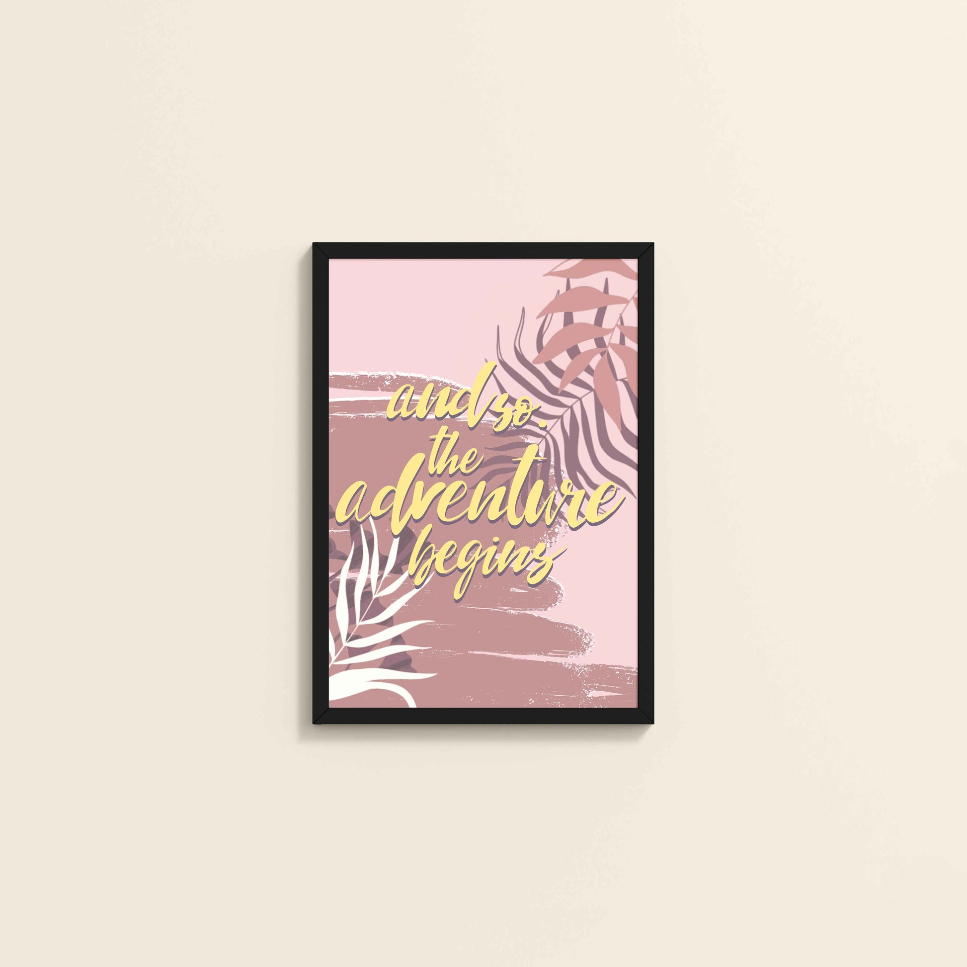 Wall View of Adventure Begins – Boho Botanical Wall Art & Decor in Black Color Frame
