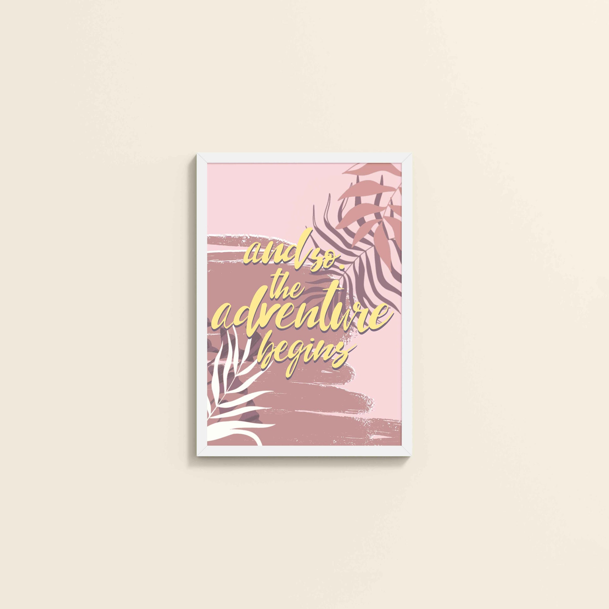 Wall View of Adventure Begins – Boho Botanical Wall Art & Decor in White Color Frame