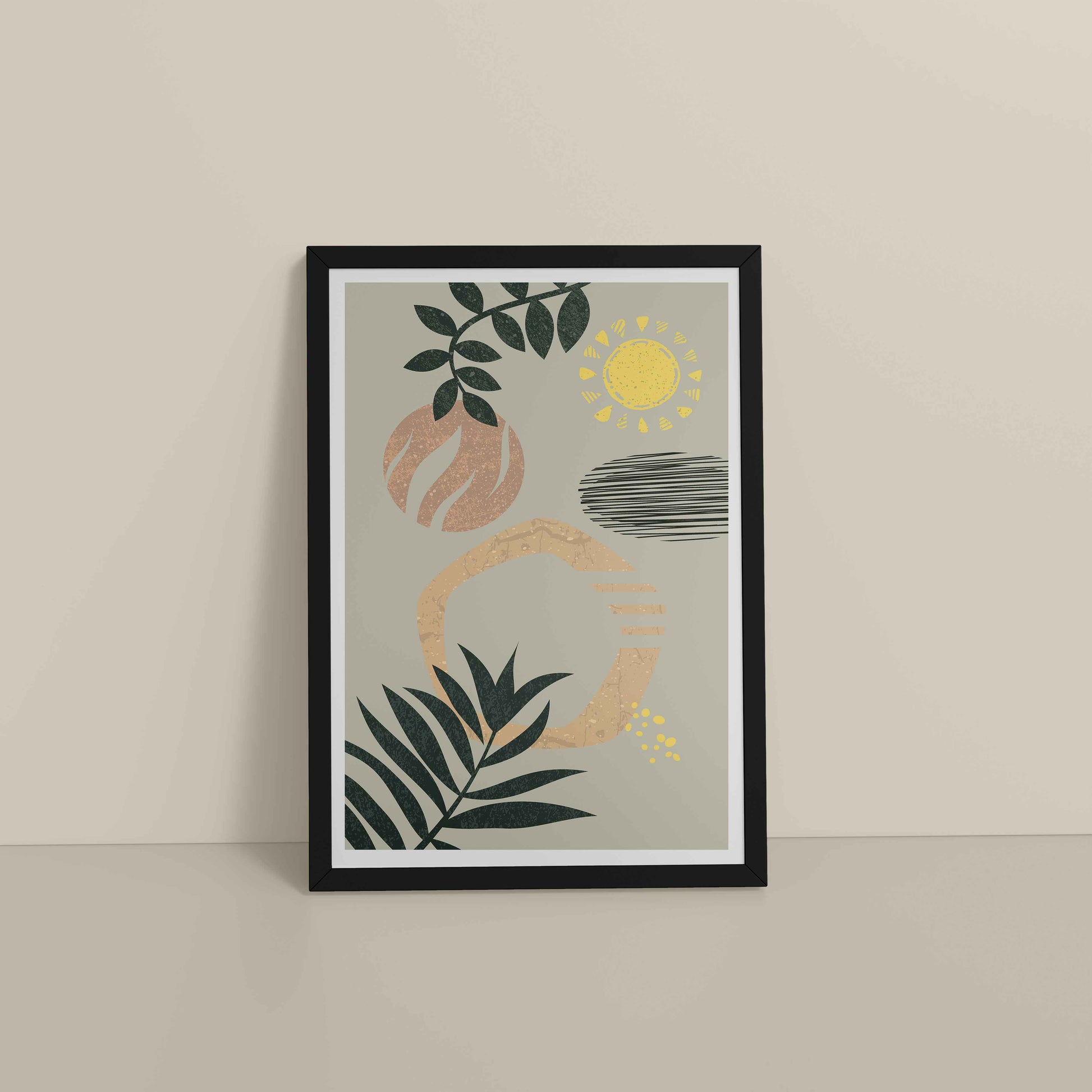 Floor View of Modern Boho Abstract Wall Art – Framed Painting in Black Color Frame