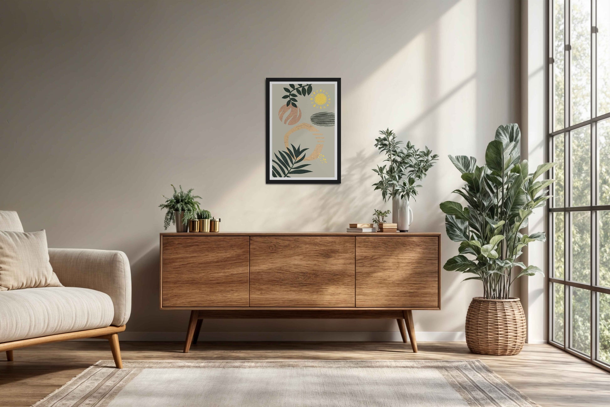 Living Room Cabinet Preview of Modern Boho Abstract Wall Art – Framed Painting in Black Color Frame