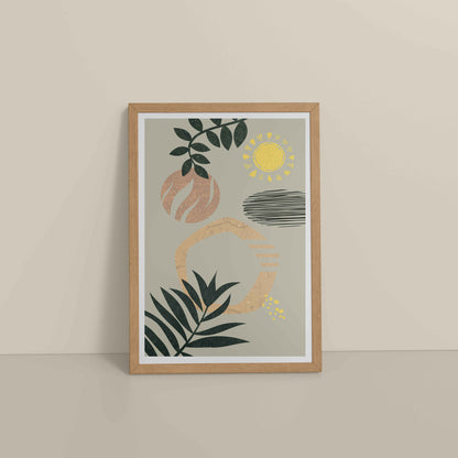 Floor View of Modern Boho Abstract Wall Art – Framed Painting in Natrual Color Frame
