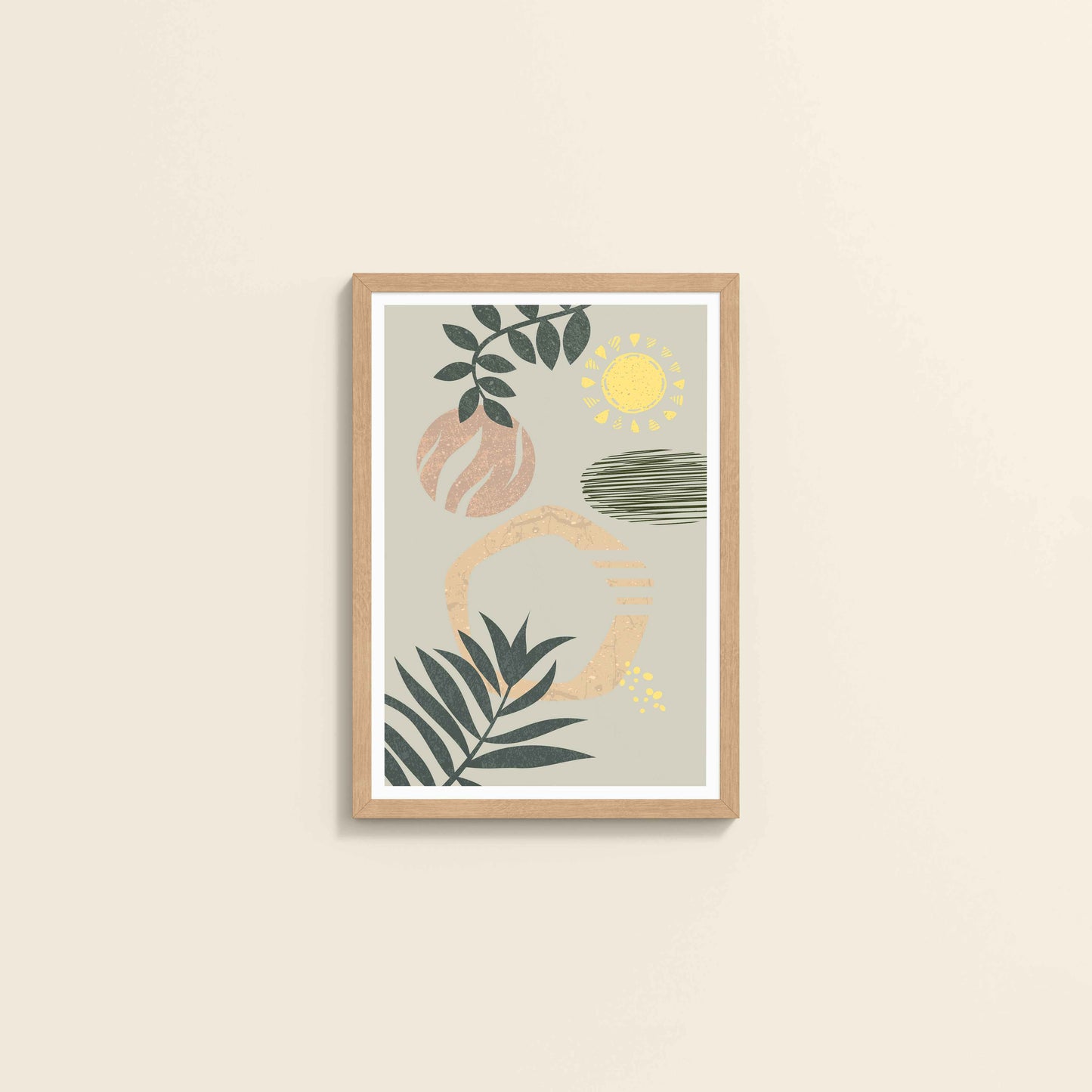 Wall View of Modern Boho Abstract Wall Art – Framed Painting in Natrual Color Frame