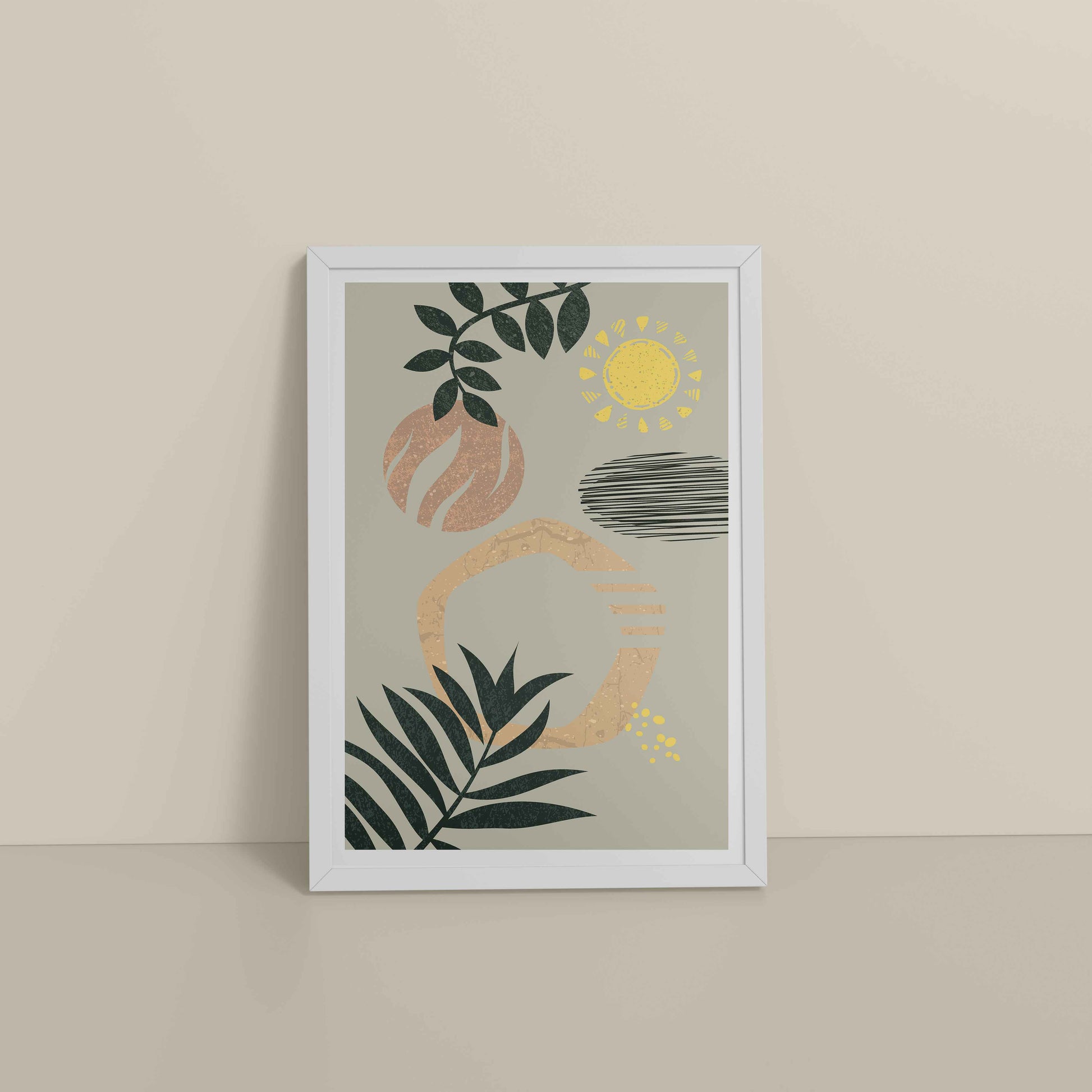 Floor View of Modern Boho Abstract Wall Art – Framed Painting in White Color Frame