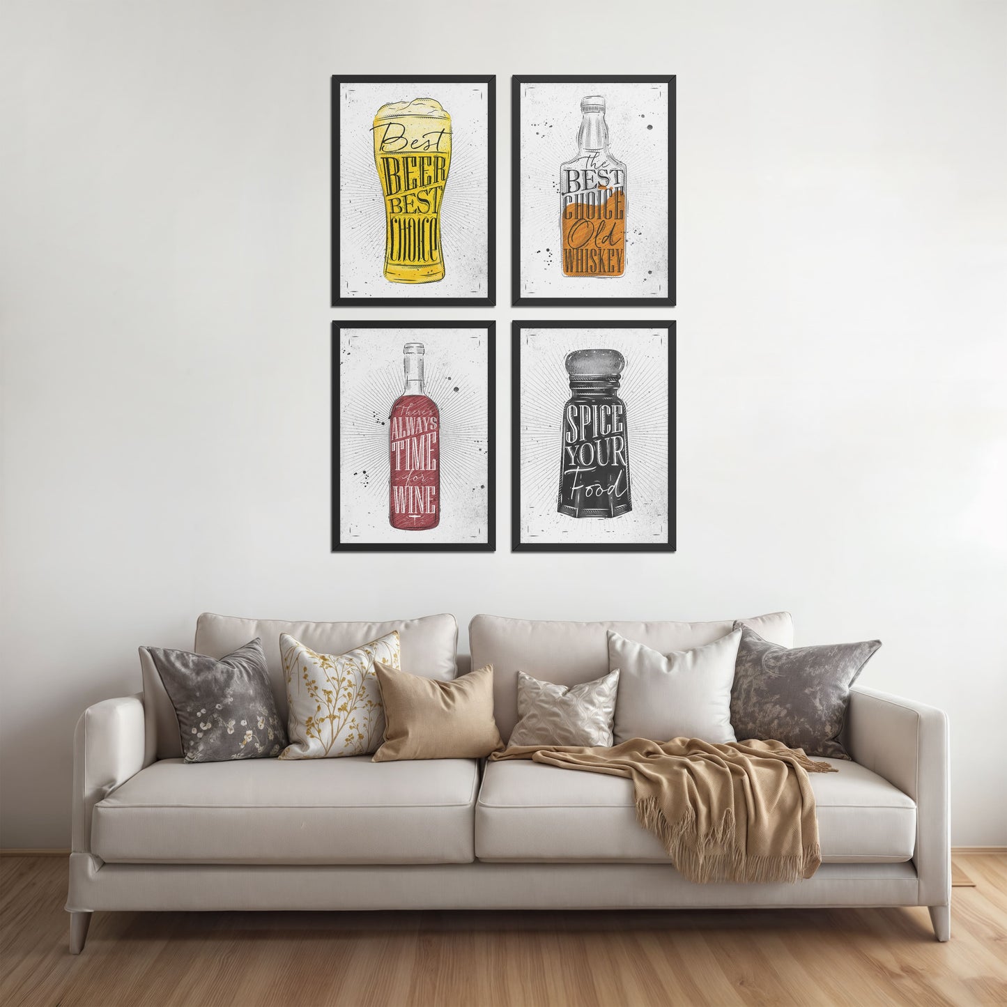 Living Room Sofa Preview of Drink Up – Modern Rustic Bar Art Set of 4 Prints in Black Color Frame