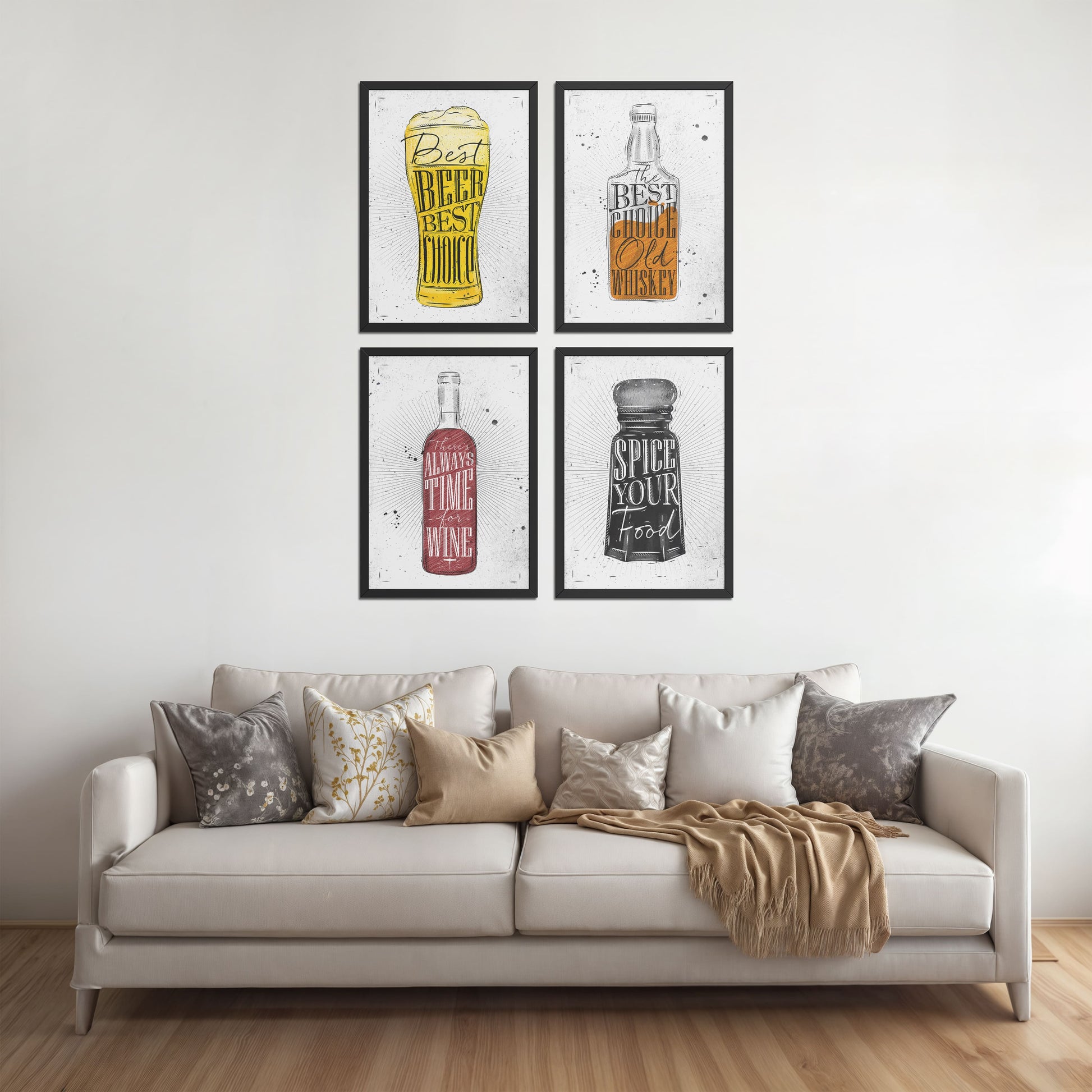 Living Room Sofa Preview of Drink Up – Modern Rustic Bar Art Set of 4 Prints in Black Color Frame