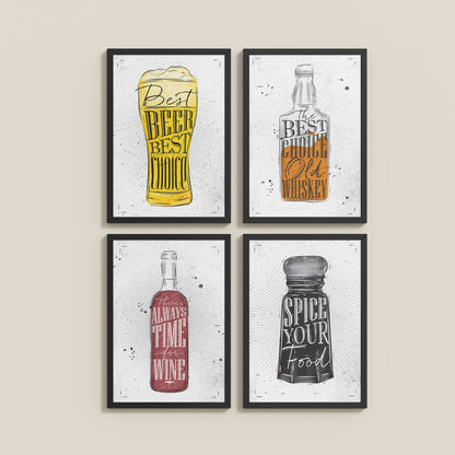 Wall View of Drink Up – Modern Rustic Bar Art Set of 4 Prints in Black Color Frame