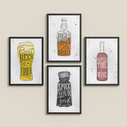 Inclined Floor View of Drink Up – Modern Rustic Bar Art Set of 4 Prints in Black Color Frame