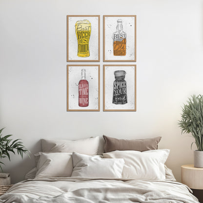 Bed Room Preview of Drink Up – Modern Rustic Bar Art Set of 4 Prints in Natrual Color Frame