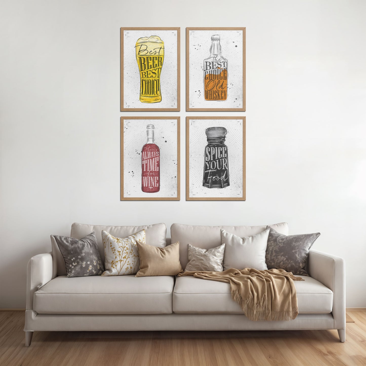 Living Room Sofa Preview of Drink Up – Modern Rustic Bar Art Set of 4 Prints in Natrual Color Frame