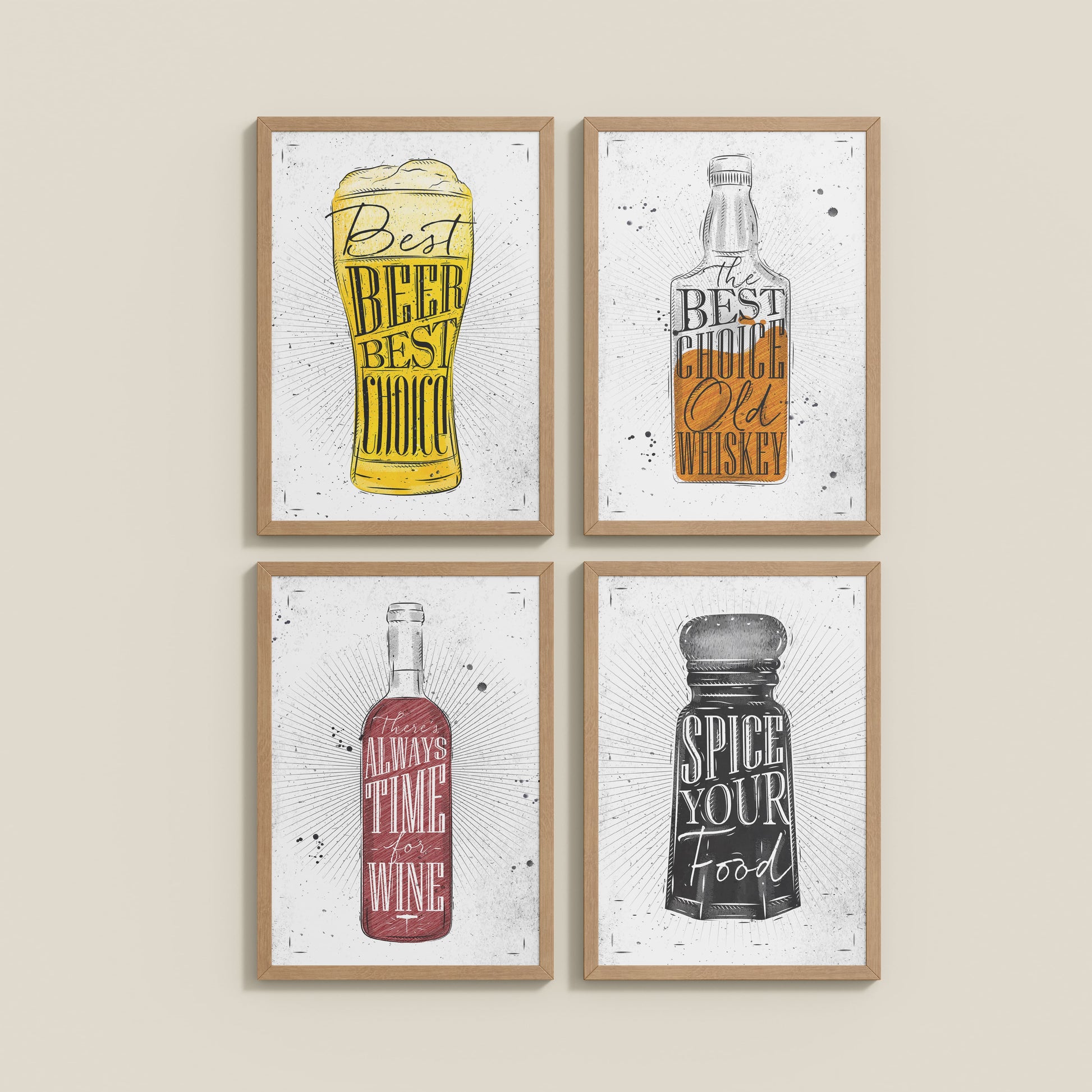 Wall View of Drink Up – Modern Rustic Bar Art Set of 4 Prints in Natrual Color Frame