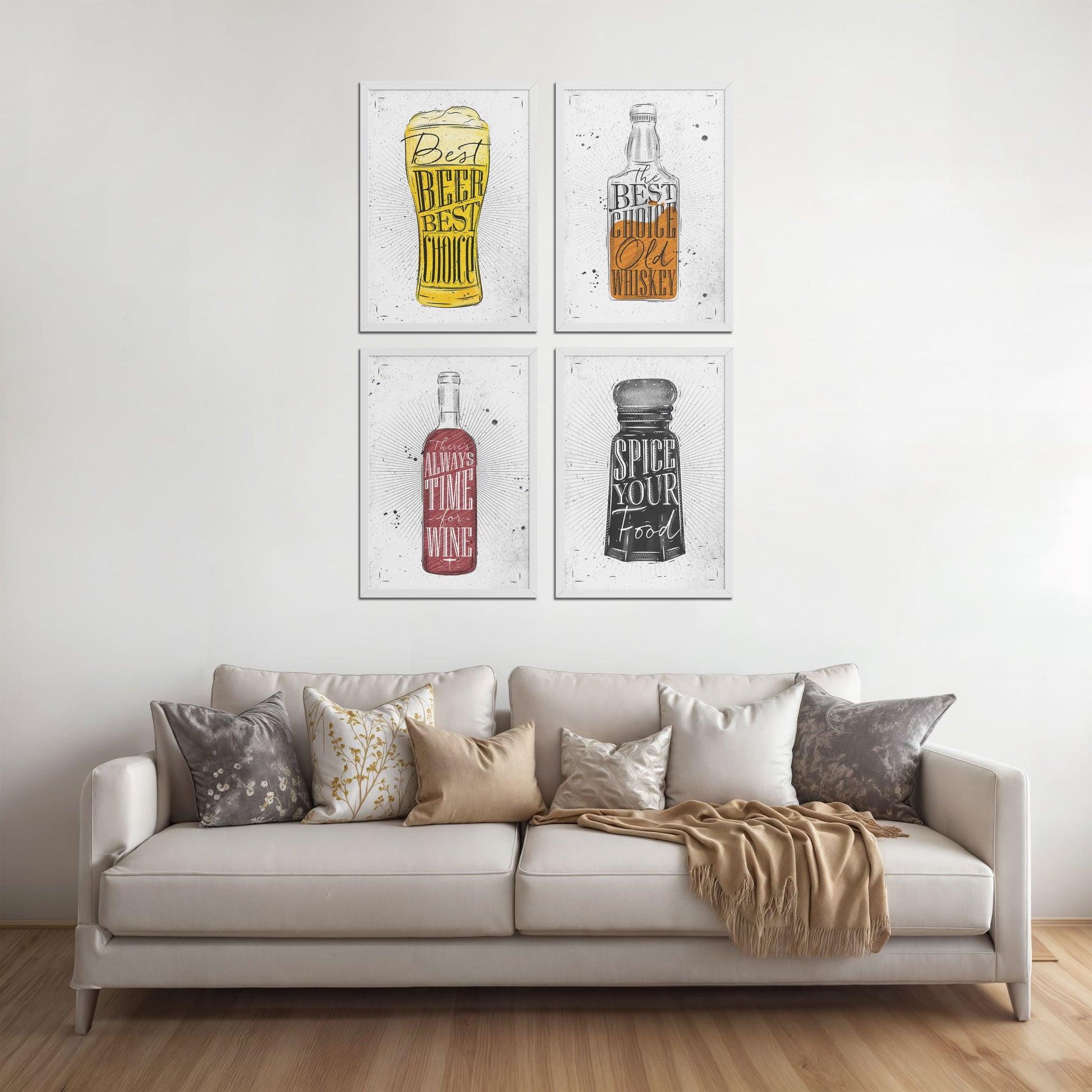 Living Room Sofa Preview of Drink Up – Modern Rustic Bar Art Set of 4 Prints in White Color Frame