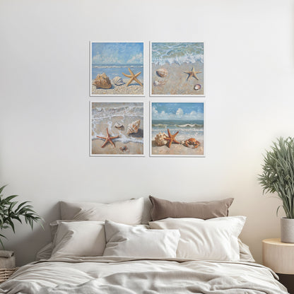 Bed Room Preview of Beach Bliss – Seascape Wall Art Set of 4 Frames in White Color Frame