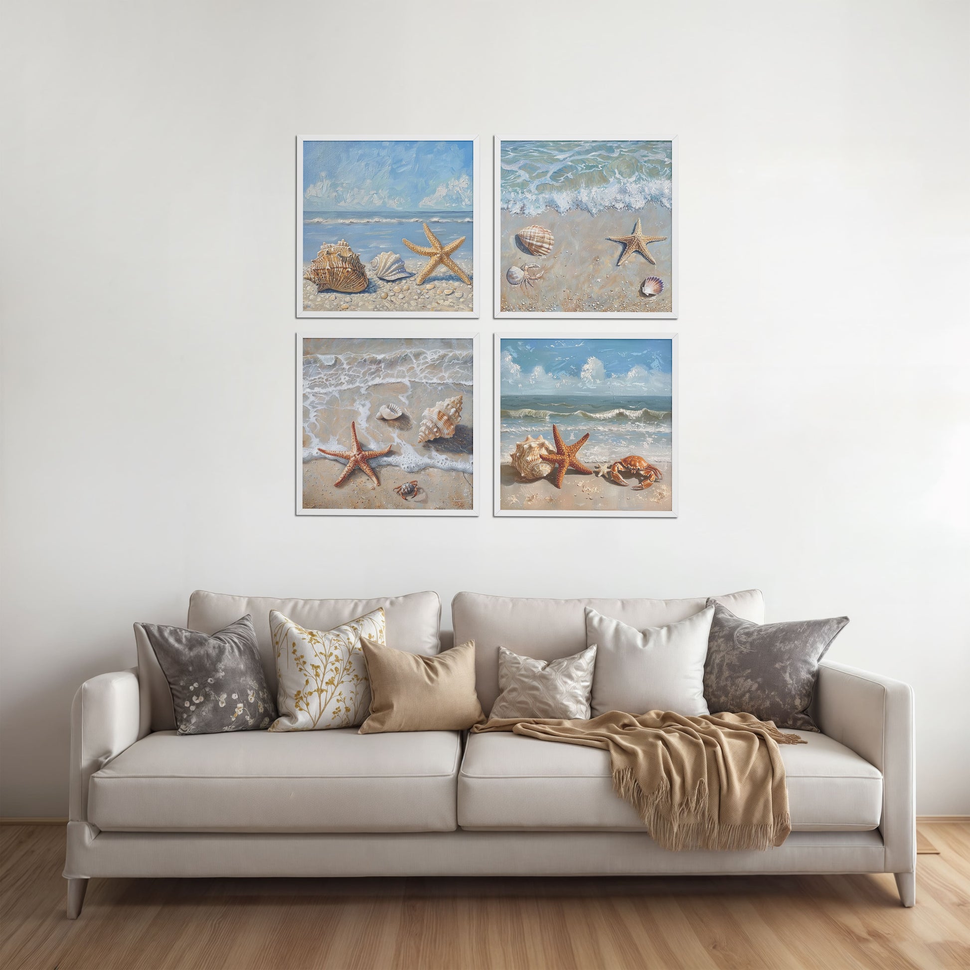 Living Room Sofa Preview of Beach Bliss – Seascape Wall Art Set of 4 Frames in White Color Frame