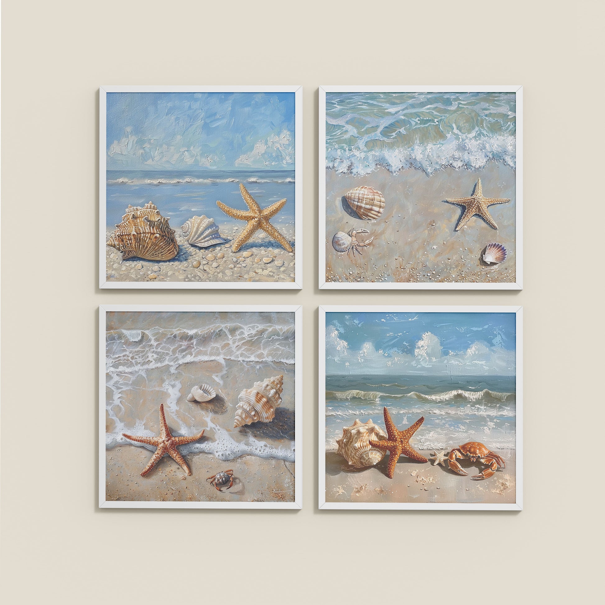 Wall View of Beach Bliss – Seascape Wall Art Set of 4 Frames in White Color Frame