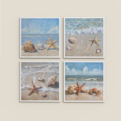 Wall View of Beach Bliss – Seascape Wall Art Set of 4 Frames in White Color Frame