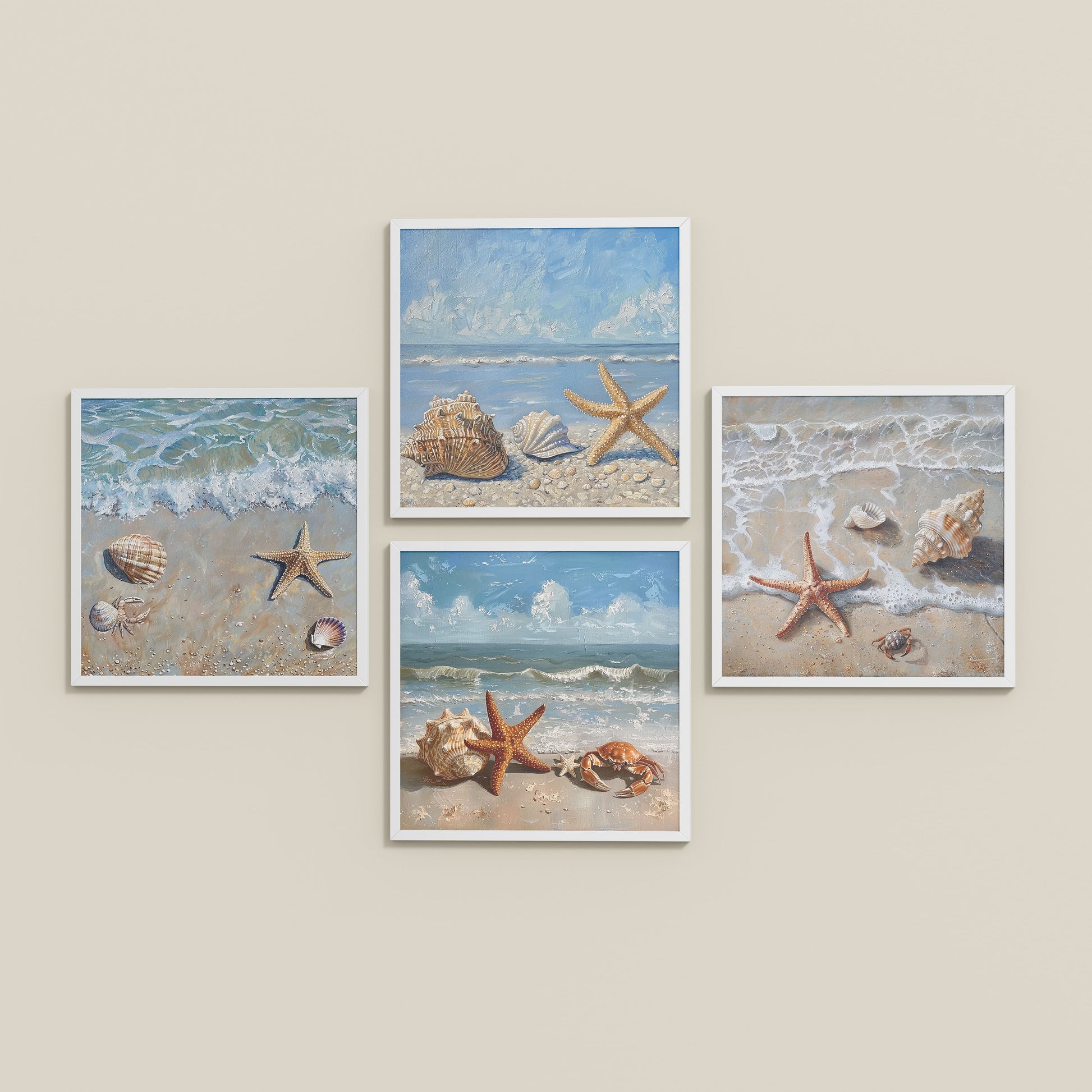 Inclined Floor View of Beach Bliss – Seascape Wall Art Set of 4 Frames in White Color Frame