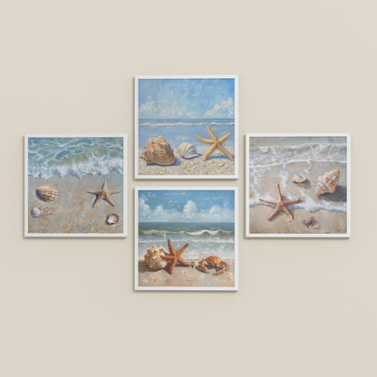 Inclined Floor View of Beach Bliss – Seascape Wall Art Set of 4 Frames in White Color Frame