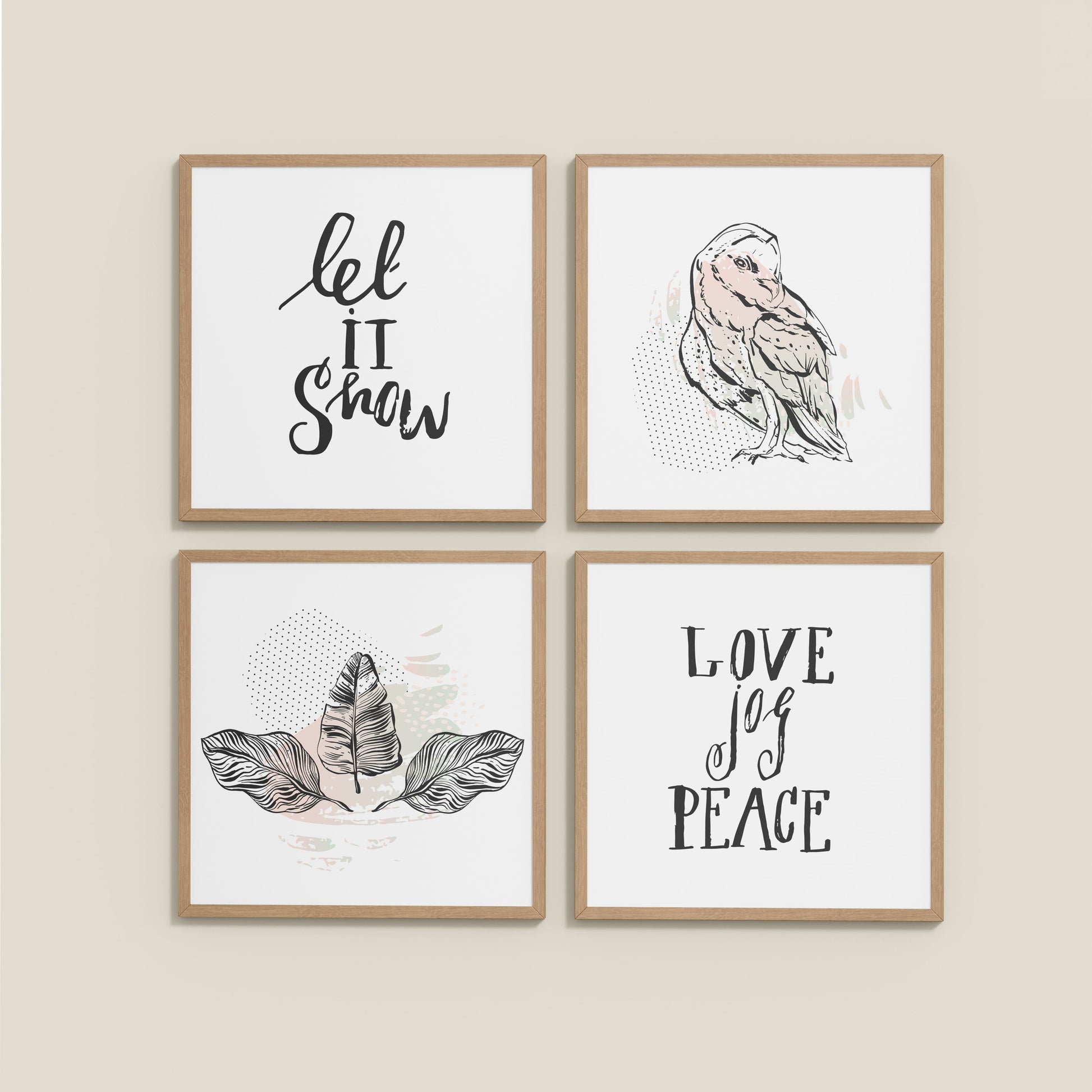 Wall View of Love, Joy & Peace – Inspirational Wall Art Frame Set of 4 in Natrual Color Frame