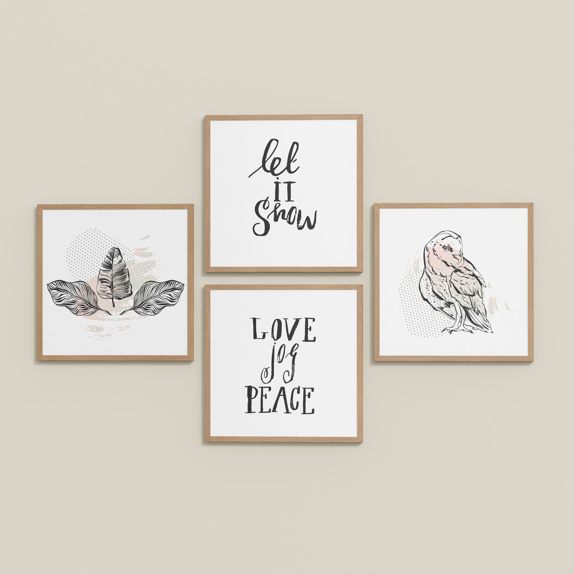 Inclined Floor View of Love, Joy & Peace – Inspirational Wall Art Frame Set of 4 in Natrual Color Frame