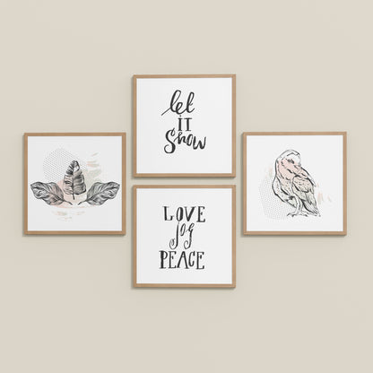 Inclined Floor View of Love, Joy & Peace – Inspirational Wall Art Frame Set of 4 in Natrual Color Frame