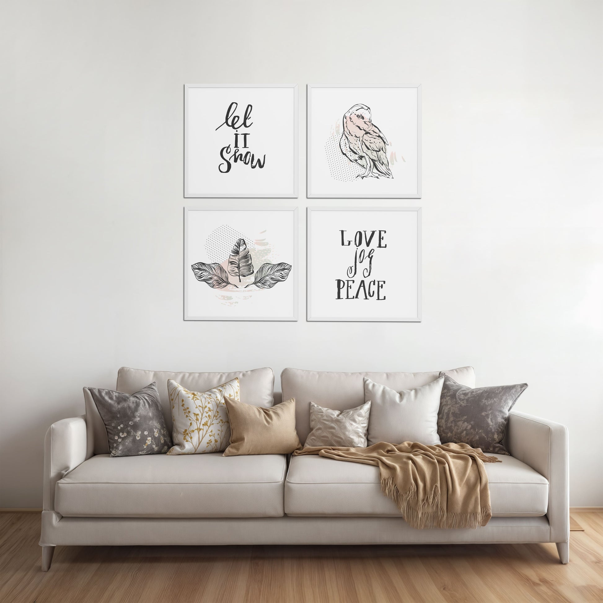 Living Room Sofa Preview of Love, Joy & Peace – Inspirational Wall Art Frame Set of 4 in White Color Frame