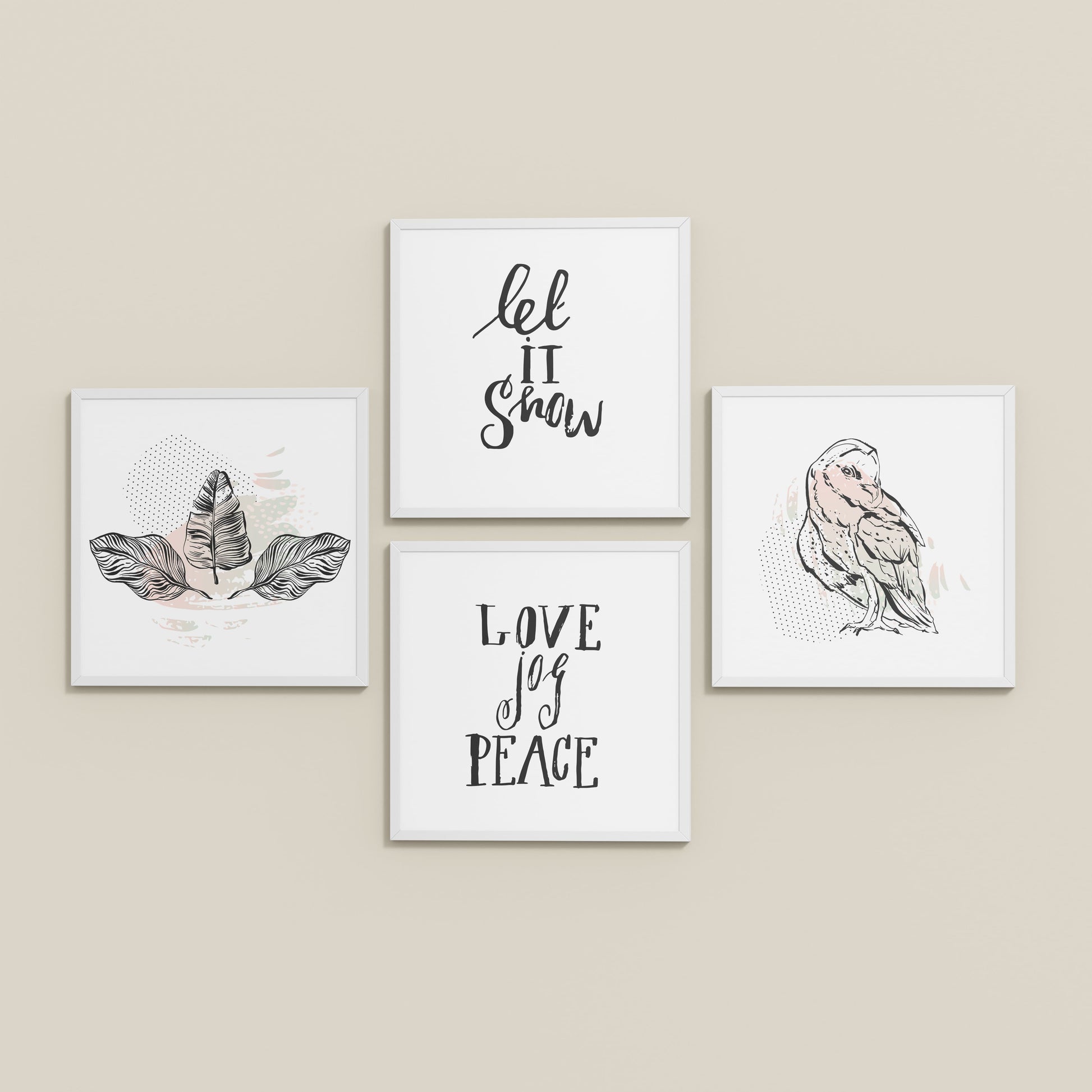 Inclined Floor View of Love, Joy & Peace – Inspirational Wall Art Frame Set of 4 in White Color Frame