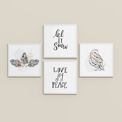 Inclined Floor View of Love, Joy & Peace – Inspirational Wall Art Frame Set of 4 in White Color Frame