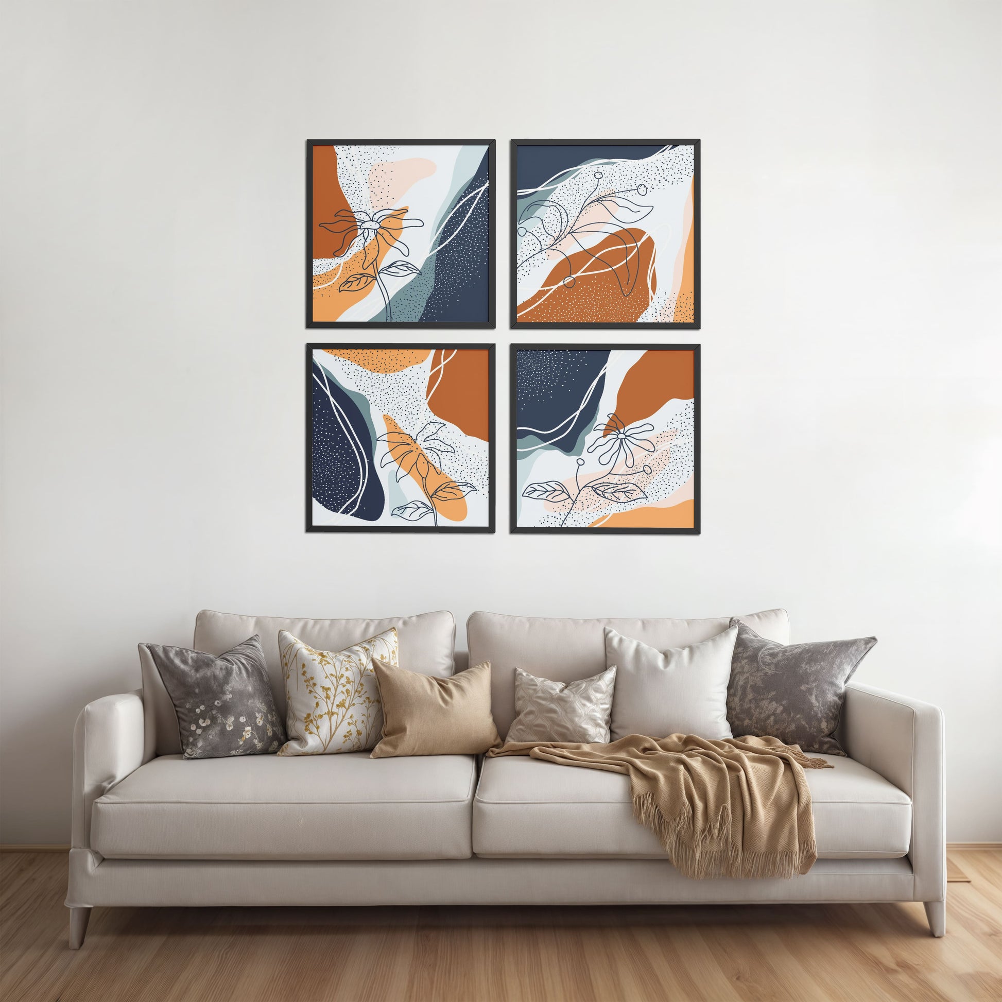 Living Room Sofa Preview of Boho Minimalist Floral Wall Art Frames Set of 4 in Black Color Frame