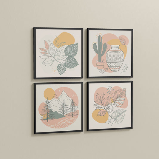 Side View of Boho Serenity Pastel Nature Wall Art Set of 4 in Black Color Frame