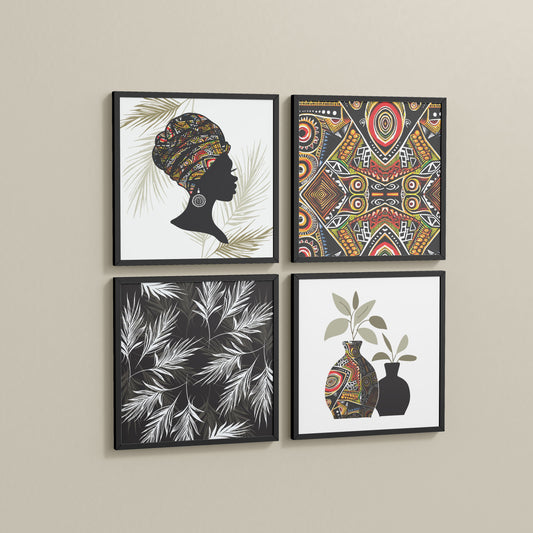 Side View of Ethnic Bohemian Wall Art Frames Set of 4 in Black Color Frame