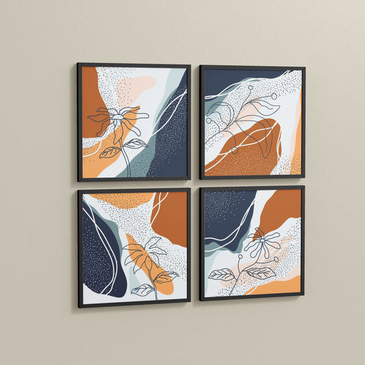 Side View of Boho Minimalist Floral Wall Art Frames Set of 4 in Black Color Frame