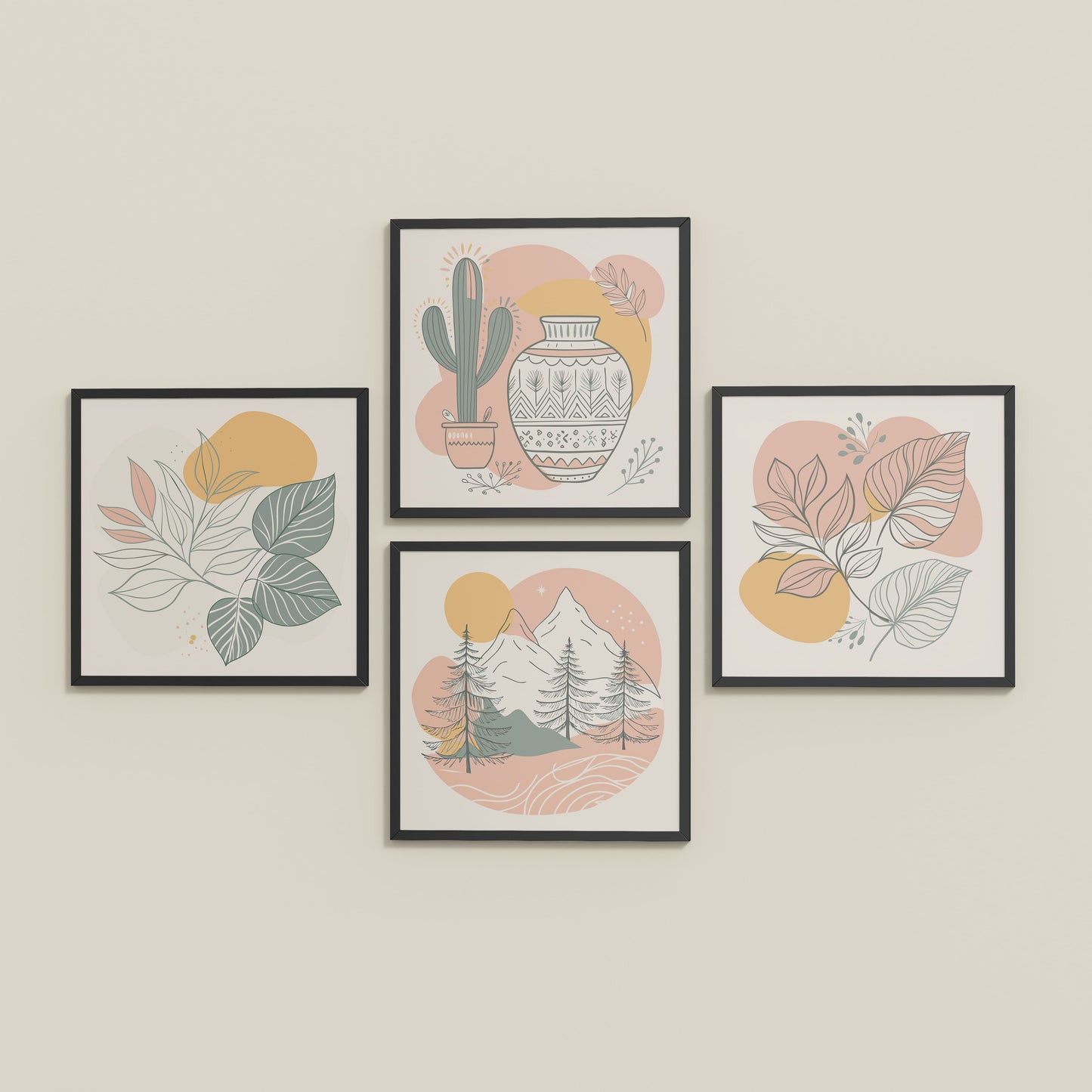 Inclined Floor View of Boho Serenity Pastel Nature Wall Art Set of 4 in Black Color Frame
