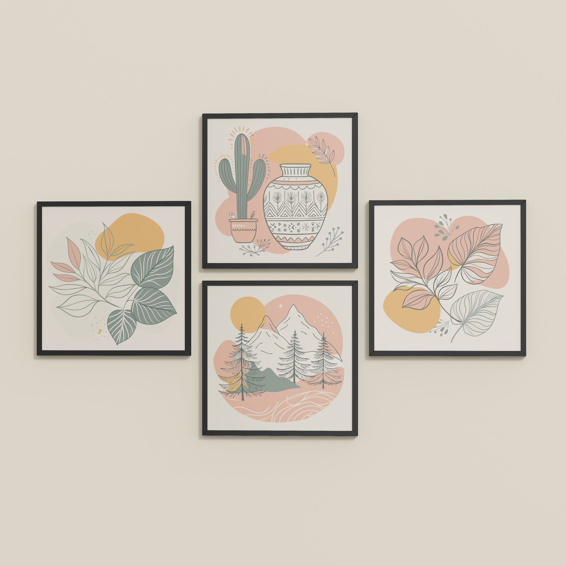 Inclined Floor View of Boho Serenity Pastel Nature Wall Art Set of 4 in Black Color Frame