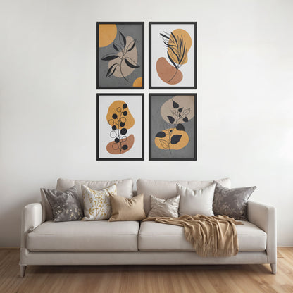 Living Room Sofa Preview of Boho Leaves – Minimalist Wall Art Set of 4 Frames in Black Color Frame