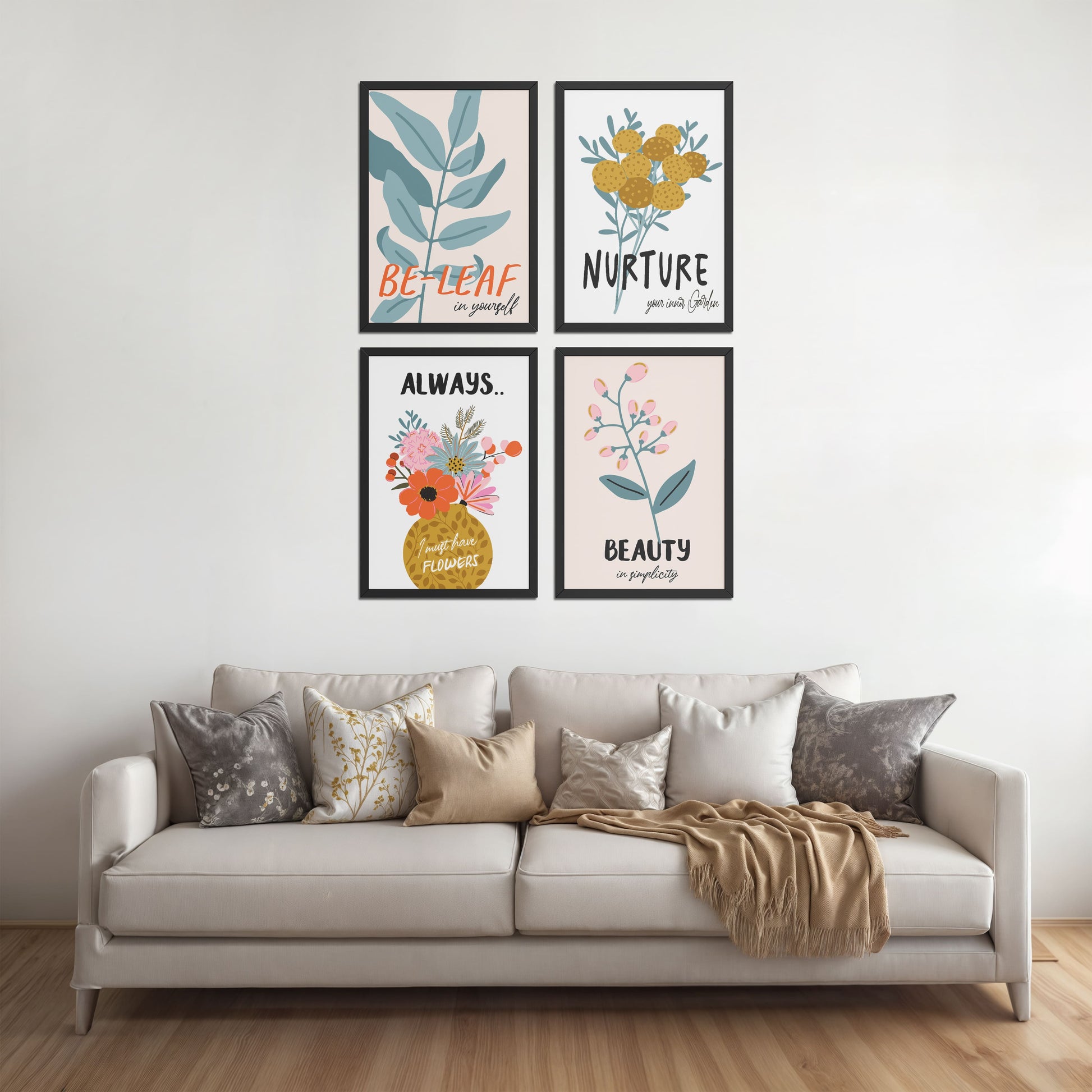 Living Room Sofa Preview of Grow & Glow – Plant-Inspired Positive Wall Art Set of 4 in Black Color Frame