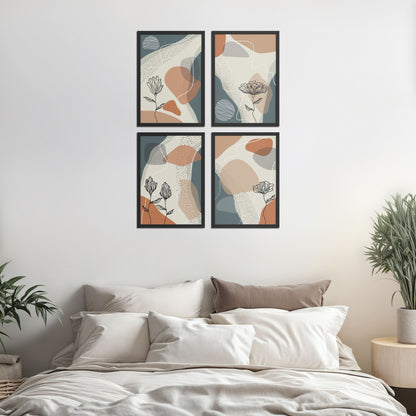 Bed Room Preview of Line & Leaf – Boho Abstract Wall Art Set of 4 in Black Color Frame