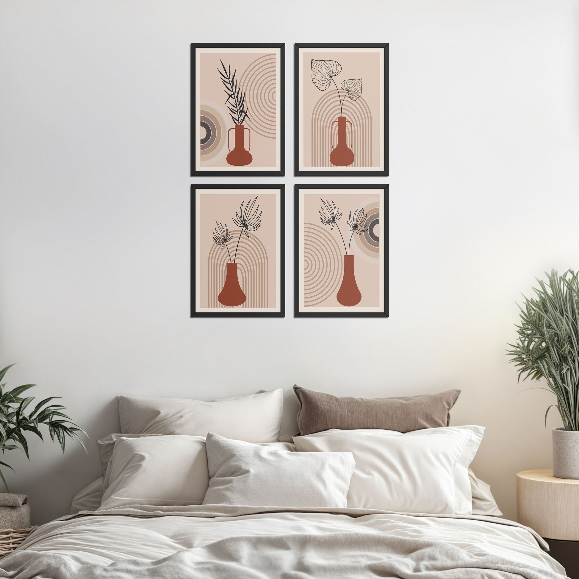 Bed Room Preview of Boho Botanical Plant Wall Art Set of 4 in Black Color Frame