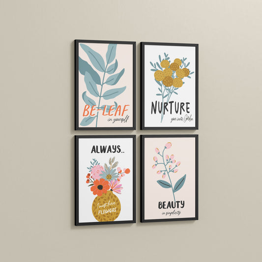 Side View of Grow & Glow – Plant-Inspired Positive Wall Art Set of 4 in Black Color Frame