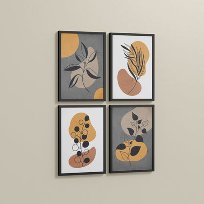Side View of Boho Leaves – Minimalist Wall Art Set of 4 Frames in Black Color Frame