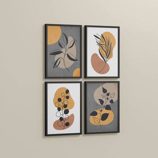 Side View of Boho Leaves – Minimalist Wall Art Set of 4 Frames in Black Color Frame