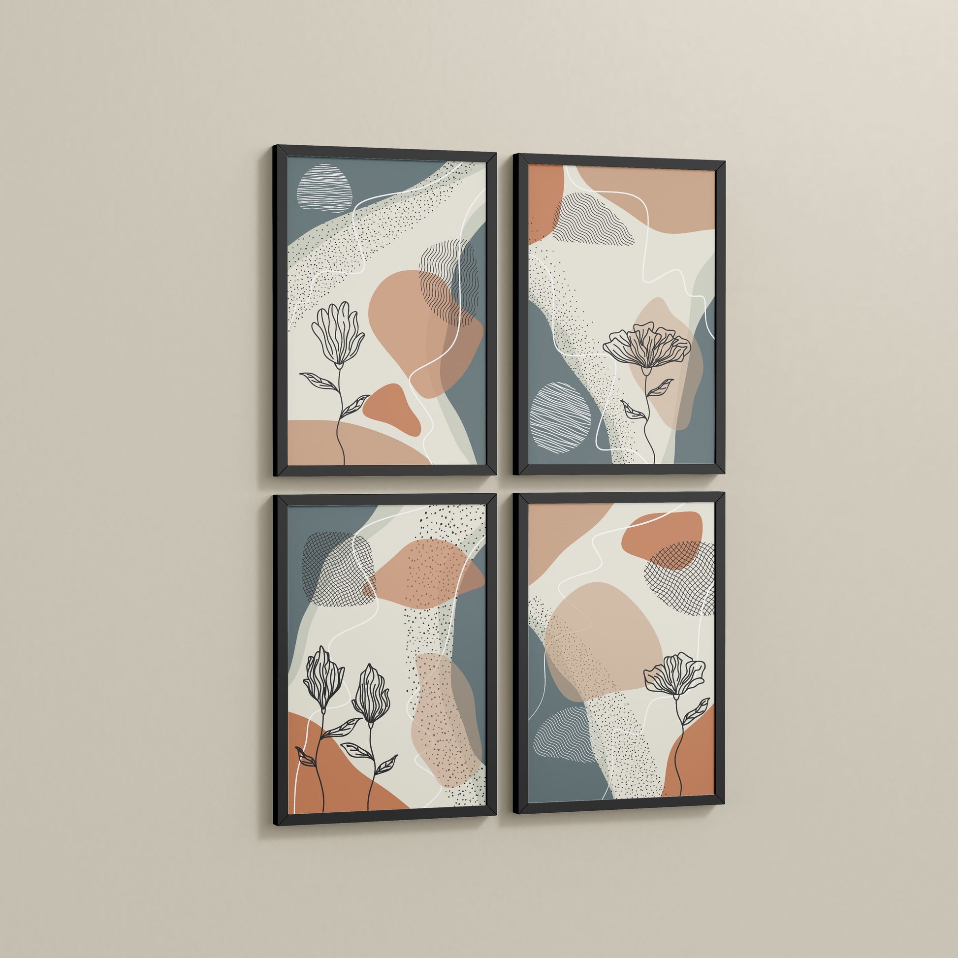 Side View of Line & Leaf – Boho Abstract Wall Art Set of 4 in Black Color Frame