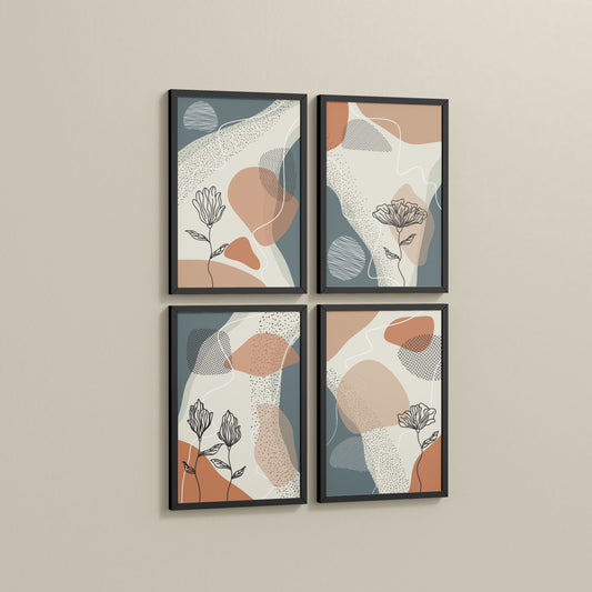 Side View of Line & Leaf – Boho Abstract Wall Art Set of 4 in Black Color Frame